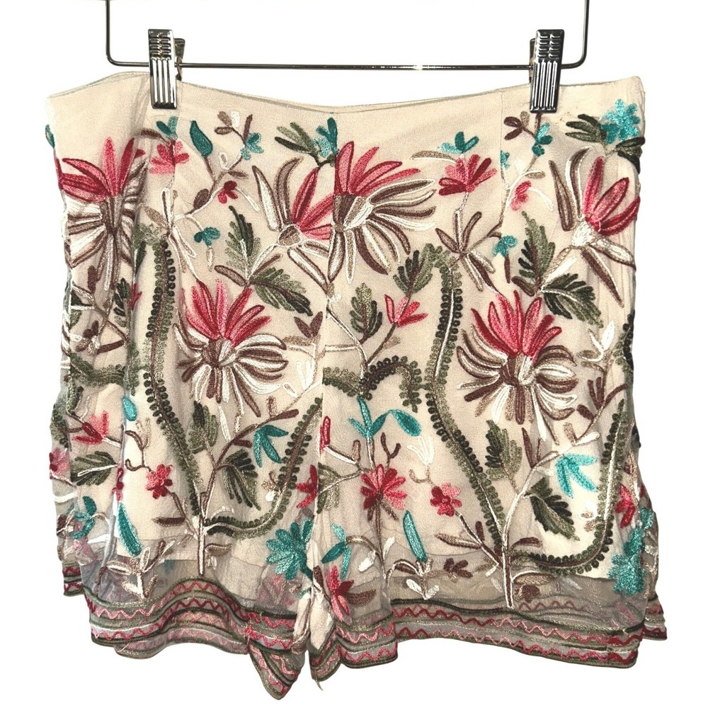 Windsor Floral Embroidered Mesh Shorts Cream Pink Teal Boho Festival High Waist